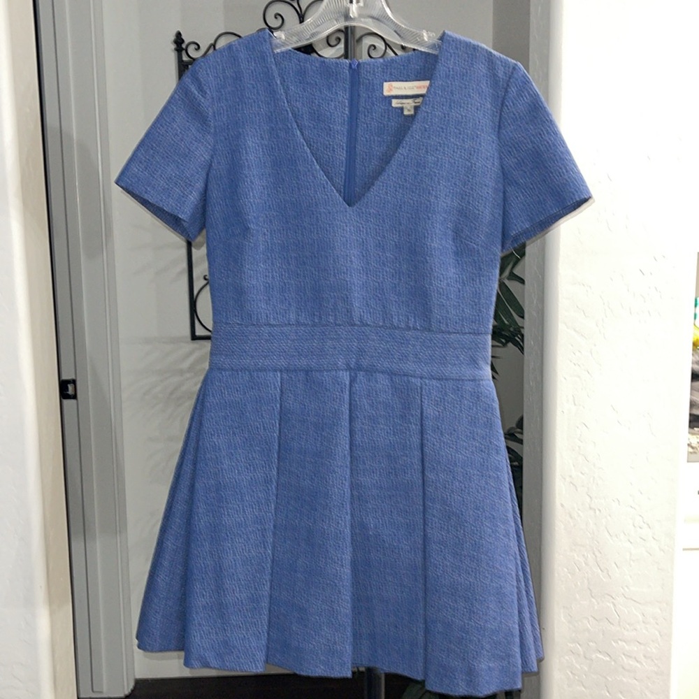 PAUL & JOE SISTER Blue Box Pleated Mini Dress Short Sleeve V Neck Back Sz 6
